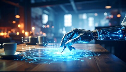 An advanced robotic arm interacts with a holographic display, drawing intricate patterns on a wooden table in a dimly lit cafe setting.