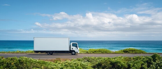 The truck driving along scenic coastal road with turquoise ocean and blue sky