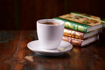 Cup of coffee on wooden background. Soft focus. Copy space	