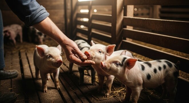 A Farmer's Caring Hand Feeds Eager Piglets in a Warmly Lit Rustic Barn