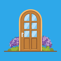An arched wooden door with glass panels and purple flowers, set against a bright blue sky