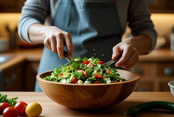 Preparing a fresh vegetable salad in a wooden bowl