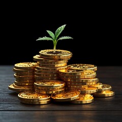 A small plant sprouts from a stack of gold coins, symbolizing growth and financial success.
