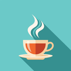Stylized illustration of a cup of hot tea or coffee with steam on a saucer.