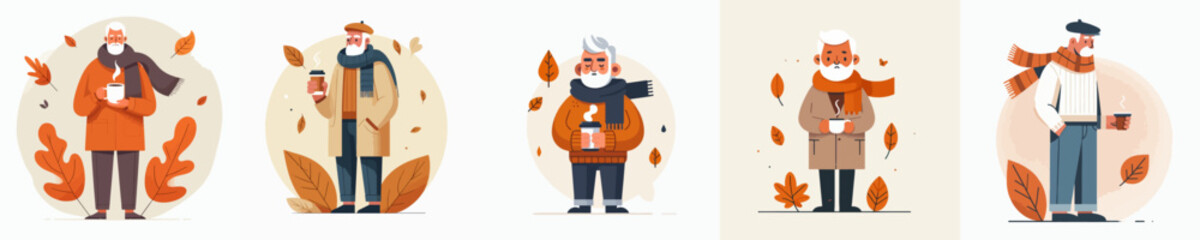 vector of a grandfather enjoying coffee to warm the body in autumn