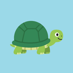 A charming cartoon illustration of a green turtle with a happy expression and a blue background.