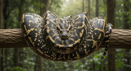 Coiled Python on Branch - Intricate Scales, Intense Gaze, Jungle Backdrop, Natural Light.