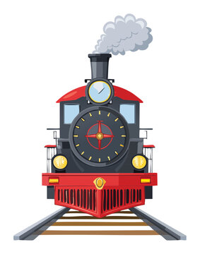 Front view of a classic steam train locomotive with smoke, a detailed and majestic illustration of a vintage machine