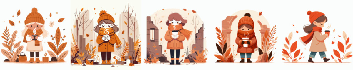 Fototapeta premium vector of a little girl enjoying coffee to warm the body in autumn