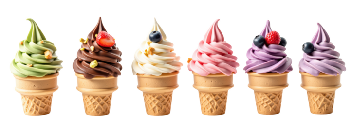 Delicious ice cream cones featuring various flavors like green tea, chocolate, vanilla, strawberry, raspberry, and blueberry, perfect for sweet