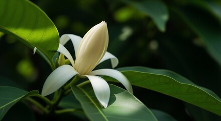 Elegant White Champaca Blossom Unfurling Amidst Lush Green Foliage in Natural Light.