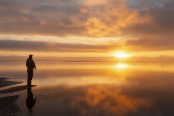 Angler fly fishing in a serene coastal estuary, with a beautiful sunrise in the background