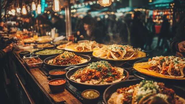A variety of delicious street food dishes are displayed at a bustling night market, ready to be served to hungry customers