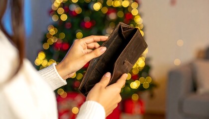 Empty wallet held by a person in front of a blurred Christmas tree, showcasing a feeling of financial hardship.