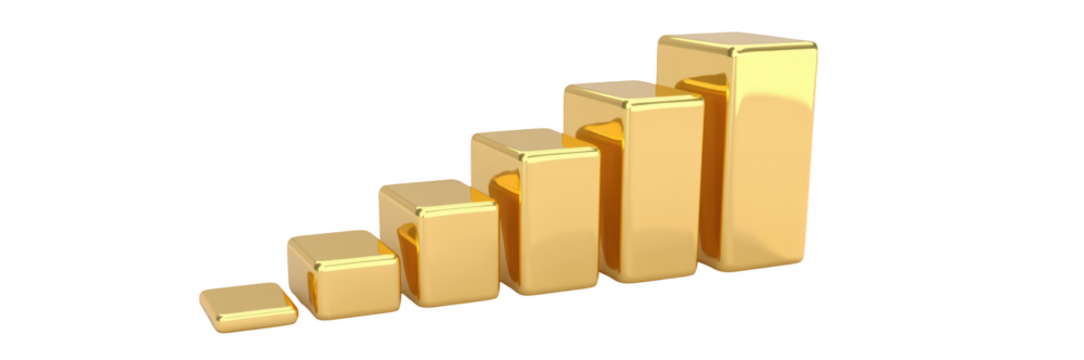 Golden bars increasing in height, representing growth and success in finance or business. shiny surface reflects light, adding luxurious feel