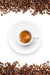 Coffee Cup Top View on Coffee Beans Background