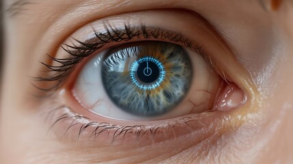 Close up of human eye with futuristic digital interface overlay representing future technology and medical advancements research and development