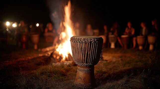 Night drum circle around bonfire
