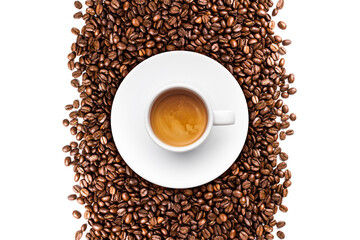 Coffee Cup Top View on Coffee Beans Background