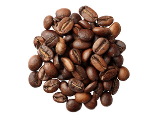 Naklejka premium Pile of roasted coffee beans with dark brown color and visible crack on black background image, Isolated, Png Transparent Background