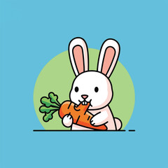 Obraz premium Cartoon illustration of a cute white rabbit eating a carrot on a blue background.