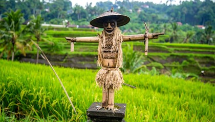 Naklejka premium Intricate Balinese Bamboo Scarecrow with a Carved Mask in Lush Rice Terraces