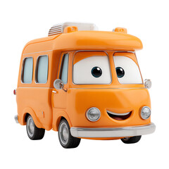Funny 3D Cartoon Camper Van with Smiling Face – Isolate on Transparent White Background