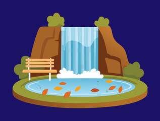 A dramatic digital illustration of a waterfall at night, cascading into a serene pond with a wooden bench on the bank, surrounded by floating autumn leaves under a starry sky © color