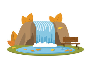  A charming digital illustration of a serene waterfall cascading into a pond with a wooden bench on the bank, surrounded by autumn leaves and rocks