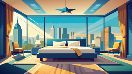A bedroom with a city view and modern design elements