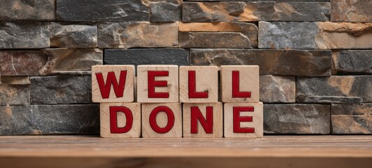 Fototapeta premium The Wooden Blocks Spelling WELL DONE on Rustic Brick Background