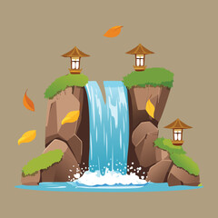 Serene waterfall with a cozy wooden cabin and lush green foliage in a natural setting illustration