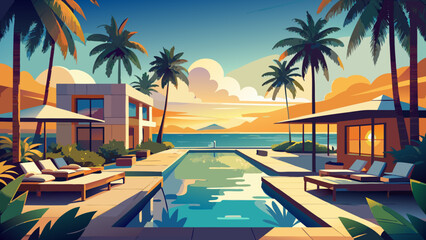 Tropical resort with pool and palm trees at sunset © Chandra