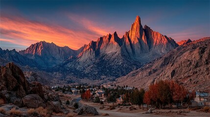 Naklejka premium Majestic mountain range bathed in the warm glow of sunset, with rugged peaks and a colorful sky