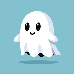 Cute cartoon ghost with big eyes and a smile on a blue background.