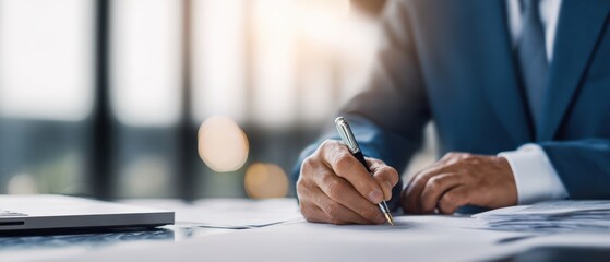 The businessman signing a contract at a modern office desk with fountain pen