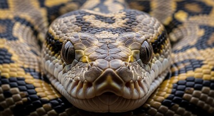 Fototapeta premium Intense Gaze - Close-up of a Diamond Pythons Head with Detailed Scales and Striking Yellow Eyes.