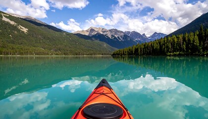 A serene kayak journey across a turquoise lake, reflecting a vibrant mountain vista.