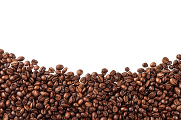 Roasted coffee beans fill the foreground, forming a curved edge against a black background