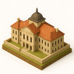 Isometric Grassalkovich/Presidential Palace manor house with red roofs, a stately architectural landmark for historical projects