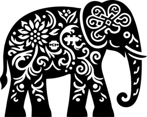 Elephant Solid Black Color Vector Silhouette in Traditional Mexican Art Style