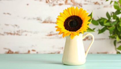 A vibrant sunflower in a cream-colored pitcher sits on a light teal-colored wooden table against a distressed whitewashed wall.