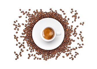 Coffee Cup Top View on Coffee Beans Background