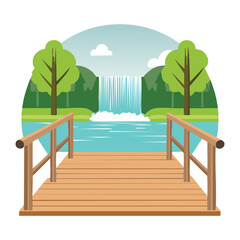 A simple wooden bridge with a railing, leading to a serene landscape with a calm stream and lush forest
