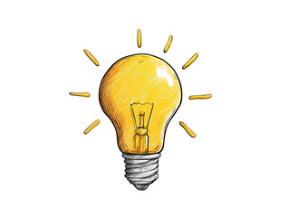 Hand-drawn lightbulb, radiating light, on a dark background