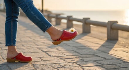 Woman wearing red clogs with flower walking on beachside path at sunset