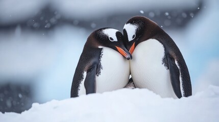 Two Gentoo penguins huddled close together in a snowy, icy environment.