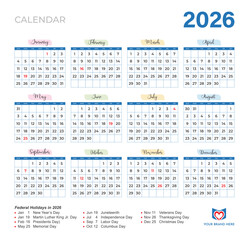 2026 Calendar Template with U.S. Federal Holidays – Clean Minimal Printable Design