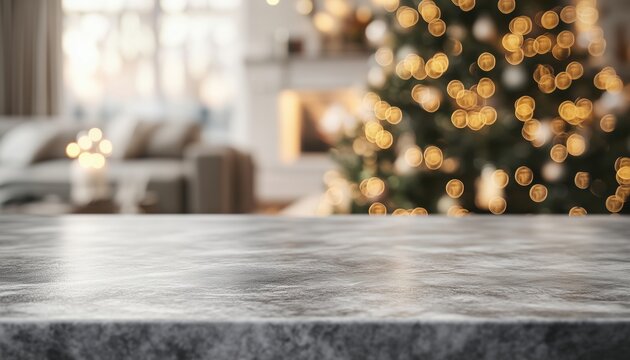 Abstract Warm Living Room Decor With Christmas Tree Blur On An Empty Grey Marble Table Top, Bokeh Light Holiday Backdrop, Luxury House Mock Up Display.