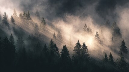 Fototapeta premium Sunbeams pierce mist-shrouded forest, highlighting silhouetted evergreen trees